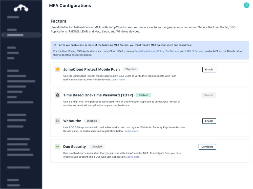 JumpCloud MFA Easy enrollment